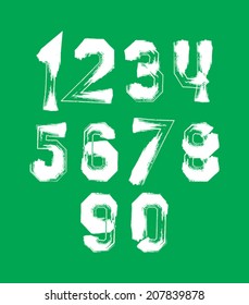 Creative handwritten over color numbers set from 0 to 10, vector graffiti freak digits isolated on green background.