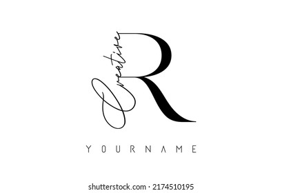 Creative handwritten R logo with text concept design. Vector Illustration with letter and creative cut.