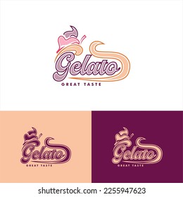creative handwritten typography design set of Premium gelato illustration ice cream logo, label, badge, sticker, business branding, full color logo.
