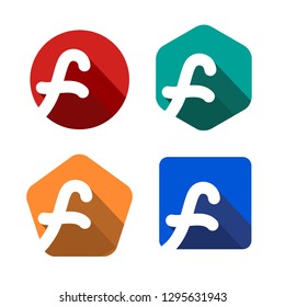 Creative handwritten white letter F inscribed in a circle, square, pentagon, hexagon with falling shadows. For your monogram, logo, emblem. Flat design. Four color palettes.