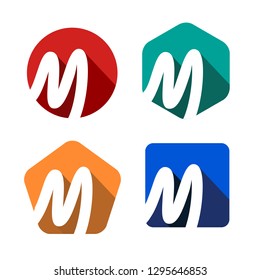Creative handwritten white letter M inscribed in a circle, square, pentagon, hexagon with falling shadows. For your monogram, logo, emblem. Flat design. Four color palettes.