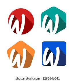 Creative handwritten white letter W inscribed in a circle, square, pentagon, hexagon with falling shadows. For your monogram, logo, emblem. Flat design. Four color palettes.