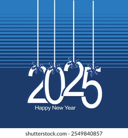 creative hanging 2025 text design with a blue background and festive decorations, perfect for modern and minimalist new year graphics