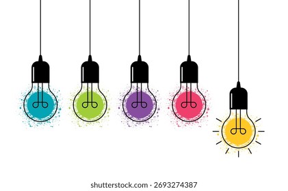 Bombillas coloridas colgantes creativas con una lámpara amarilla brillante que simboliza la idea única, la innovación y la inspiración para el diseño moderno y los conceptos comerciales.