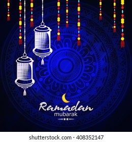  Creative hanging lamps with decorative background greeting design for Islamic Festival Ramadan Kareem.
