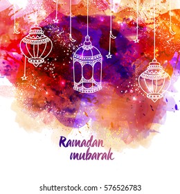 Creative hanging lanterns on abstract colourful background for Holy Month of Muslim Community, Ramadan Kareem celebration.