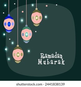 Linternas colgantes creativas en estrellas brillantes decoraron el fondo verde para el mes sagrado de la comunidad musulmana, celebración de Ramadán Mubarak.
