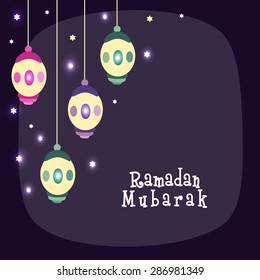 Creative hanging lanterns on shiny stars decorated purple background for holy month of Muslim community, Ramadan Mubarak celebration.