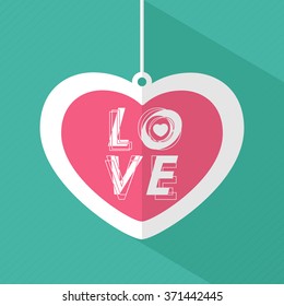 Creative hanging paper heart with stylish text Love for Happy Valentine's Day celebration.