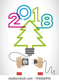 Creative happy 2018 new year design. New Year background.  Hands of a man with an electric plug and socket, an abstract light bulb with christmas tree. The file is saved in the version 10 EPS.