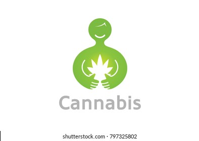 Creative Happy Abstract Person Holding Green Cannabis Logo Design Symbol Illustration