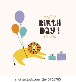 Creative happy birthday greeting card or poster with funny lion, colorful balloons and presents.