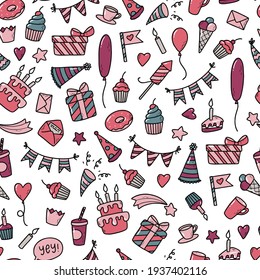 creative happy birthday seamless pattern with hand drawn doodles on white background for wrapping paper, prints, cards, presents, textile and fabric, etc.