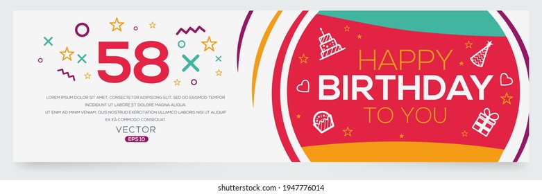 Creative Happy Geburtstag zu Ihnen Text (58 Jahre) Farbige dekorative Banner Design, Vektorgrafik.