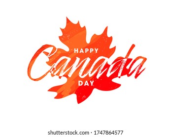 Creative Happy Canada Day Font with Brush Stroke Effect on Maple Leaf Background.