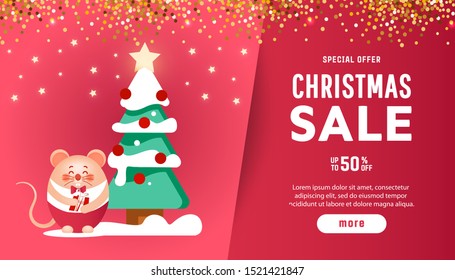 Creative Happy Chinese New Year 2020 of the rat. Cute rat holds surprise gift with pine tree decorated with bright red balls and a star