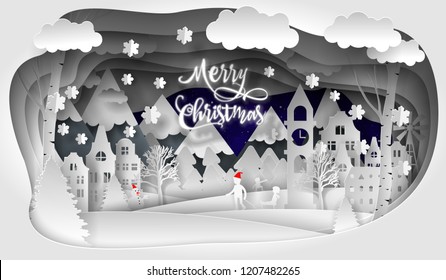 Creative Happy Christmas and New Year 2021 vector design. Winter forest. Happy new year paper art and craft style.