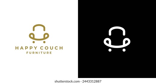 Logo Creativo Del Sofá Feliz. Logotipo minimalista simple de los muebles. Silla interior del sofá con estilo moderno del contorno de Lineart. Diseño de Logo Inspiración.