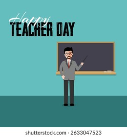 Creative Happy Teacher’s Day design with books, chalkboard, and flowers. Perfect for school events, appreciation cards, posters, and educational celebration themes.
