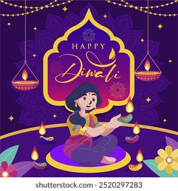 Criativa Feliz Dewali Festival 2024 Saudação Design com luzes de menina indiana Diya ou Lâmpadas de óleo e tipografia.  Diwali Festival of Lights Celebration Fundo, Banner, Cartaz, Modelo, Venda, Vetor