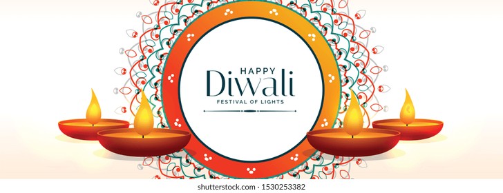 creative happy diwali banner with diya lamps