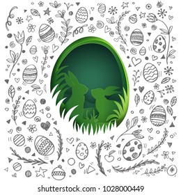 Creative Happy Easter background. Paper art of Easter scene with bunny in a shape of an egg doodle style on background.Greeting card trendy design.-Vector illustration.