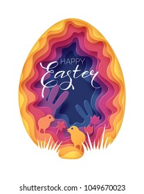 Creative Happy Easter background. Paper art of Easter egg. Greeting card trendy design. Invitation template Vector illustration for you poster or flyer