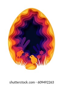 Creative  Happy Easter background. Paper art of Easter scene with bunny and chicken in a shape of an egg. Greeting card trendy design. Invitation template Vector illustration for you poster or flyer.