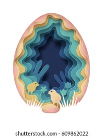 Creative  Happy Easter background. Paper art of Easter scene with bunny and chicken in a shape of an egg. Greeting card trendy design. Invitation template Vector illustration for you poster or flyer.