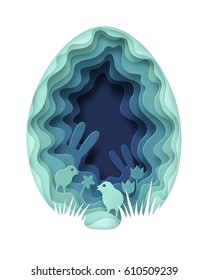 Creative  Happy Easter background. Paper art of Easter scene with bunny and chicken in a shape of an egg. Greeting card trendy design. Invitation template Vector illustration for you poster or flyer.