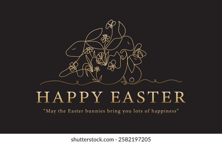 Creative Happy Easter banner design. Gold and black. Family easter bunnies, egg shape, spring flowers drawn by one line. Text and slogan. Layout for flyer, greeting card, voucher. Vector illustration.