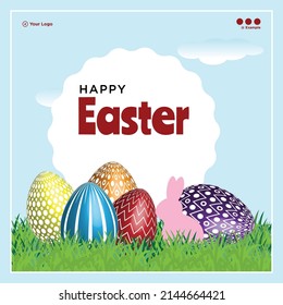 Creative Happy Easter with Easter eggs banner design template.