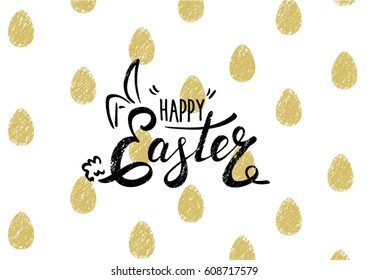 Creative Happy Easter hand lettering. Gold Egg. Vector illustration 