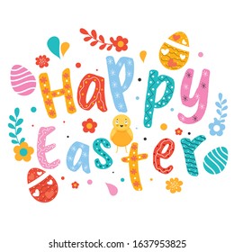 Creative Happy Easter Text with Chick Bird, Printed Eggs and Flowers Decorated on White Background.