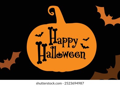 Creative Happy Halloween calligraphy greeting card. Decorative lettering with pumpkins, bats. Vector illustration. Vector lettering. "Happy halloween" text banner design. Halloween silhouette design.