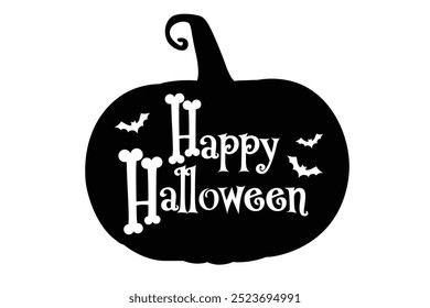 Creative Happy Halloween calligraphy greeting card. Decorative lettering with pumpkins, bats. Vector illustration. Vector lettering. "Happy halloween" text banner design. Halloween silhouette design.
