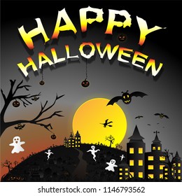 Creative happy Halloween dark night vector illustration, background with haunted evil hand, full moon, flying witch, bat, cloud, ghost, pumpkin, castle and graveyard.