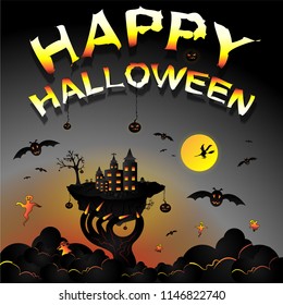 Creative happy Halloween dark night vector illustration, background with haunted evil hand, full moon, flying witch, bat, cloud, ghost, pumpkin, castle and graveyard.