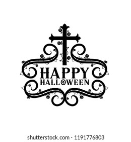 Creative Happy Halloween Lettering With Cross and Rose Isolated 
On White Background. Vector Illustration.