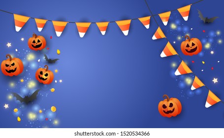 Creative Happy Halloween Sale banner with text, symbols pumpkin, colored garlands and candy on gradient blue background. Can be used for banner, voucher, offer, coupon, holiday sale.