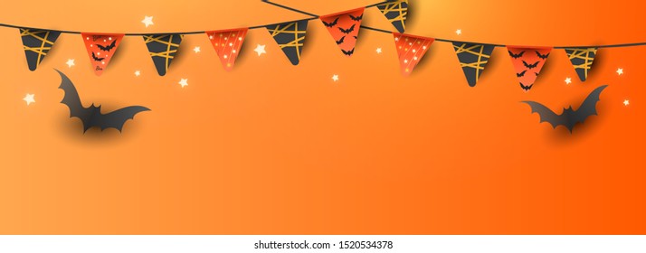 Creative Happy Halloween Sale banner with symbols pumpkin, colored garlands and candy on gradient orange background. Can be used for banner, voucher, offer, coupon, holiday sale.