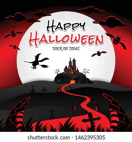 Creative Happy Halloween trick or treat with haunted house, castle, white full moon, flying witch, bats, graveyard, tree, grass, tomb, cross sign, cave, clouds, slope, red sky, devil rocks. Vector.