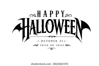 Creative Happy Halloween typography featuring bat wings, elegant gothic lettering, and October 31 theme. Perfect for party invitations, greeting cards, posters, social media, and festive holiday designs.
