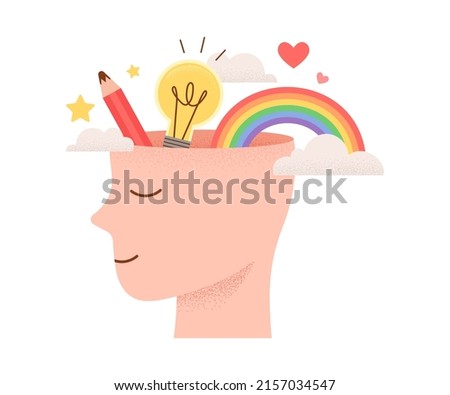 A creative, happy and healthy brain. Mental health concept person profile vector illustration.