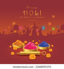 Creative Happy Holi festival greeting with design elements.