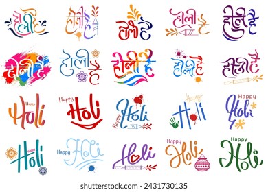 creative happy holi hindi and english text calligraphy, holi hai hindi text effect, holi calligraphy