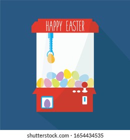 creative happy holiday easter basket flat design. funny cute sweet Egg food game cartoon vector on claw crane machine & chocolate concept art. colorful painted Eggs illustration isolated greeting card