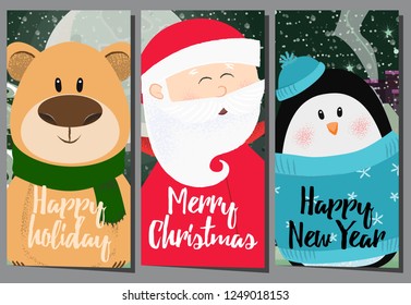 Creative Happy Holiday poster design with cartoon trio. Illustration of Santa, bear and penguin. Can be used for postcards, greeting cards, leaflets