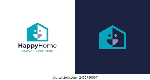 Creative Happy Home Logo. House and Smile Face with Simple MInimalist Style. Happy Build Logo Icon Symbol Vector Design Template.