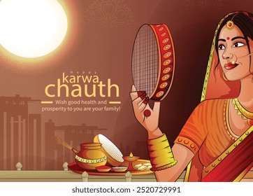 creative happy karwa chauth festival celebration greeting card with indian women.